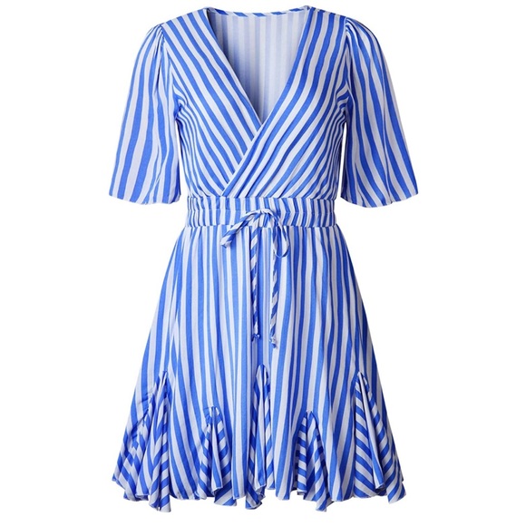 Women's Short Sleeve Striped Wrap Ruffle Hem Pleated Mini Dress - M - Picture 2 of 8